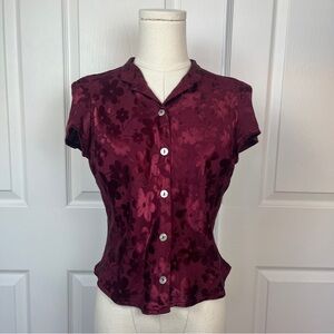 Burgundy Floral Satin Button-Down Shirt